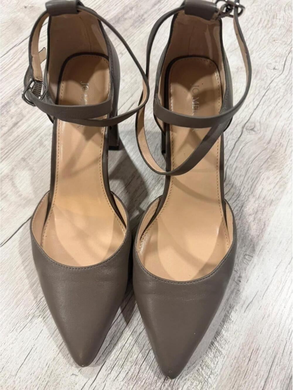 Jo Mercer Leather Ankle Strap Block Heels Taupe Gray Pointed Toe 39 ( US 8)
